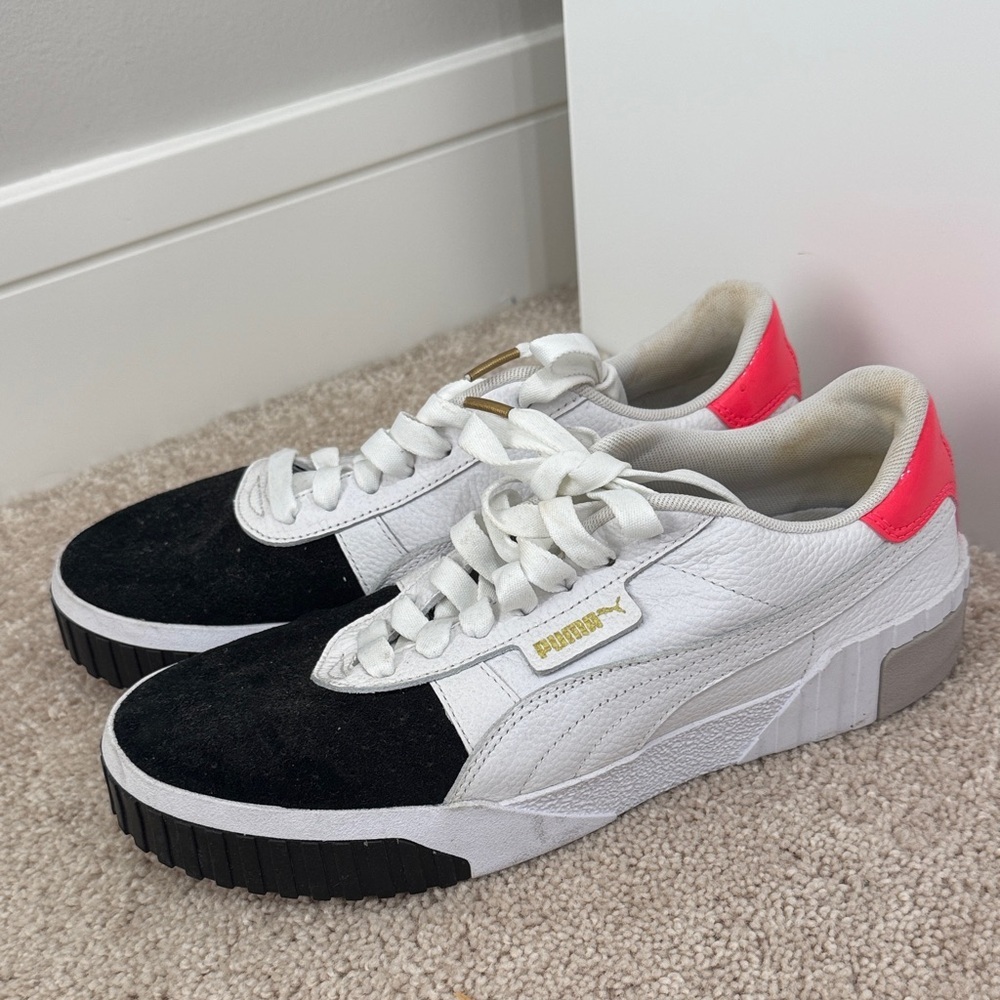 Puma White, Black & Neon Pink Low-Top Sneakers